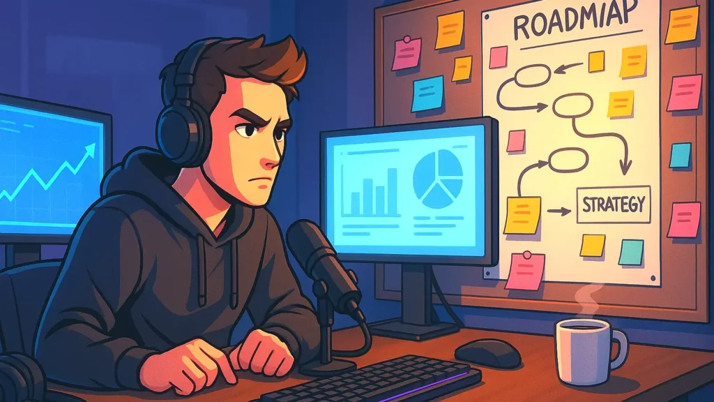 An illustration of a streamer looking for Top Games to Stream on Twitch for Growthsitting at a desk with a roadmap and strategy notes, looking determined