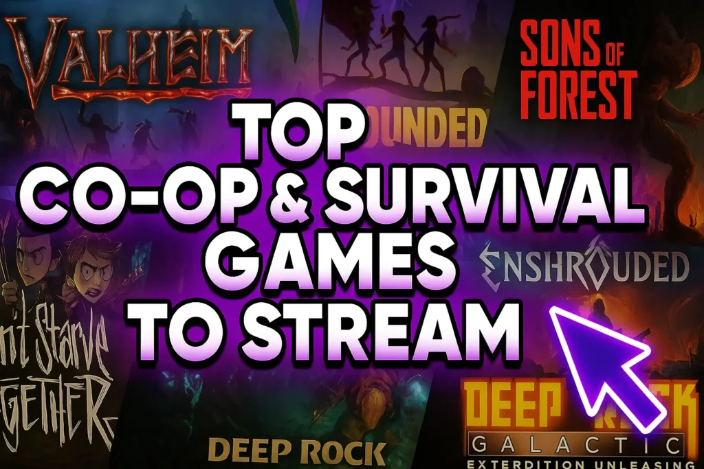 collage of key art or logos from popular co-op and survival games mentioned in the guide, like Valheim and Sons of the Forest