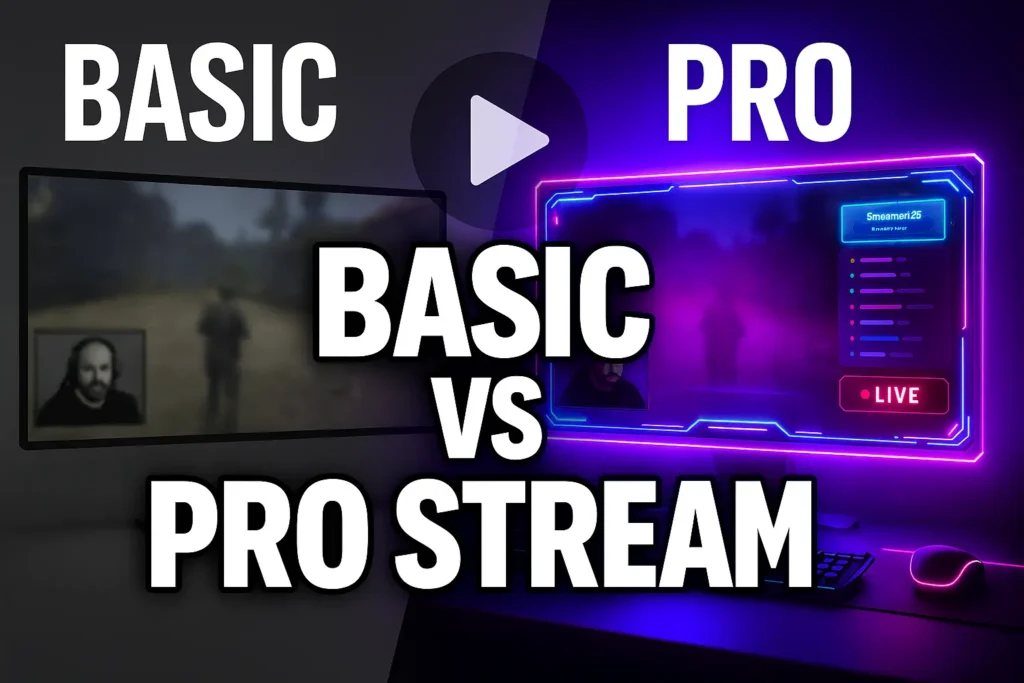 side-by-side comparison of two streams: one showing a default, unbranded stream and the other showing a polished, professional stream with custom overlays and alerts