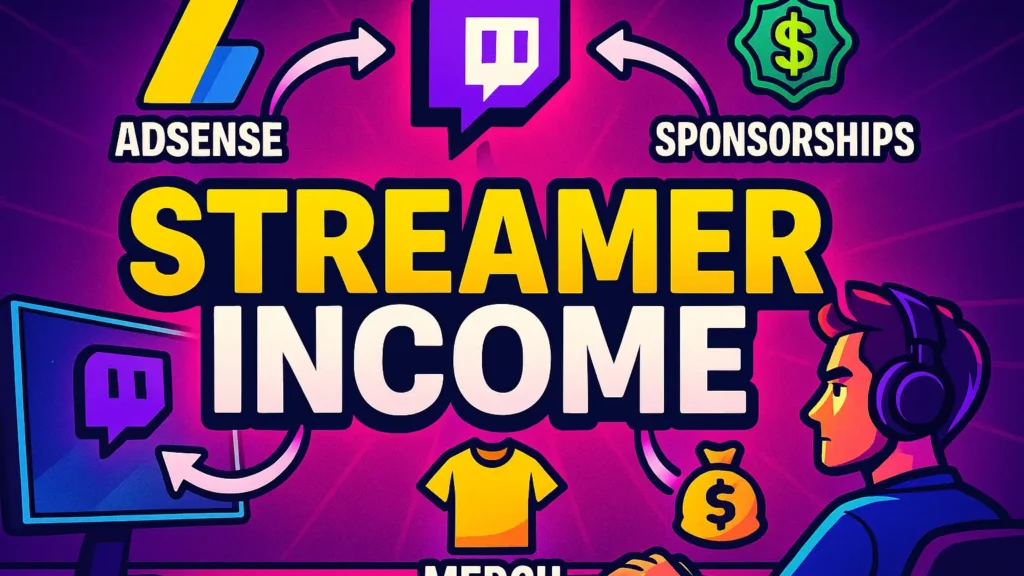 Streamer analyzing the best ways to earn income, adsense, sponsorships, merch, Twitch live stream
