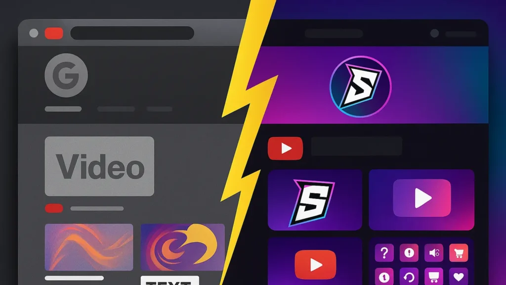 A side-by-side visual comparison of a poorly branded, amateurish YouTube channel versus a highly polished and professional-looking channel with a matching logo, banner, and thumbnails
