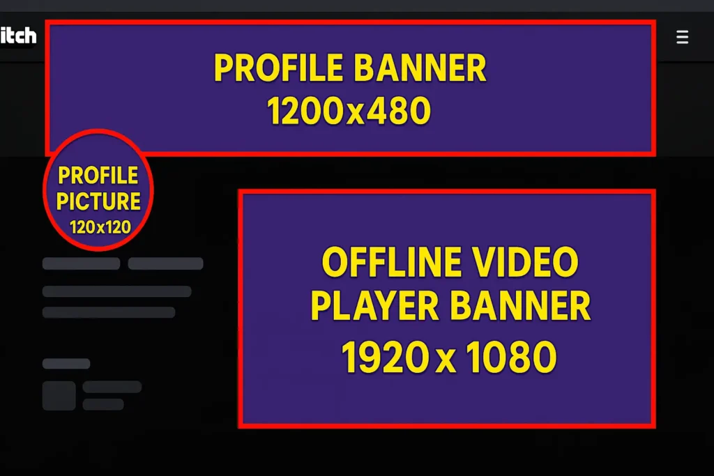 A mock-up of a Twitch channel page with the profile banner (1200x480), circular profile picture, and offline video player banner (1920x1080) highlighted with their dimensions