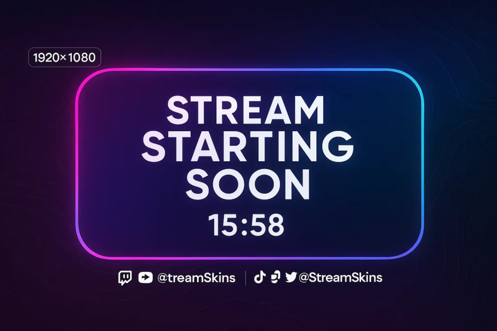 Stream Starting Soon screen design, with social media handles and a countdown timer, clearly labeled with the dimensions 1920x1080 pixels