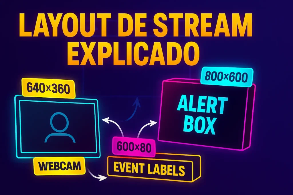  a stream layout, showing the separate webcam frame (640x360), alert box (800x600), and event labels (600x80) with their pixel dimensions clearly labeled
