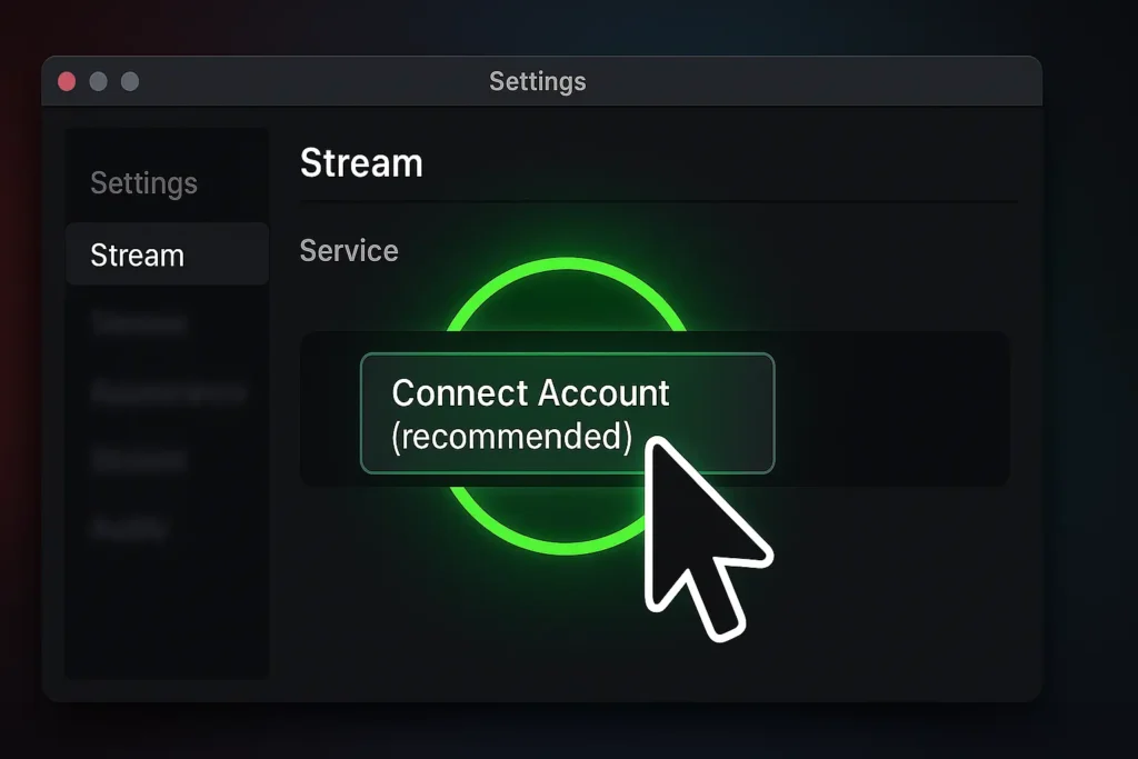 screenshot of the OBS "Stream" settings tab, with the "Connect Account (recommended)" button clearly highlighted