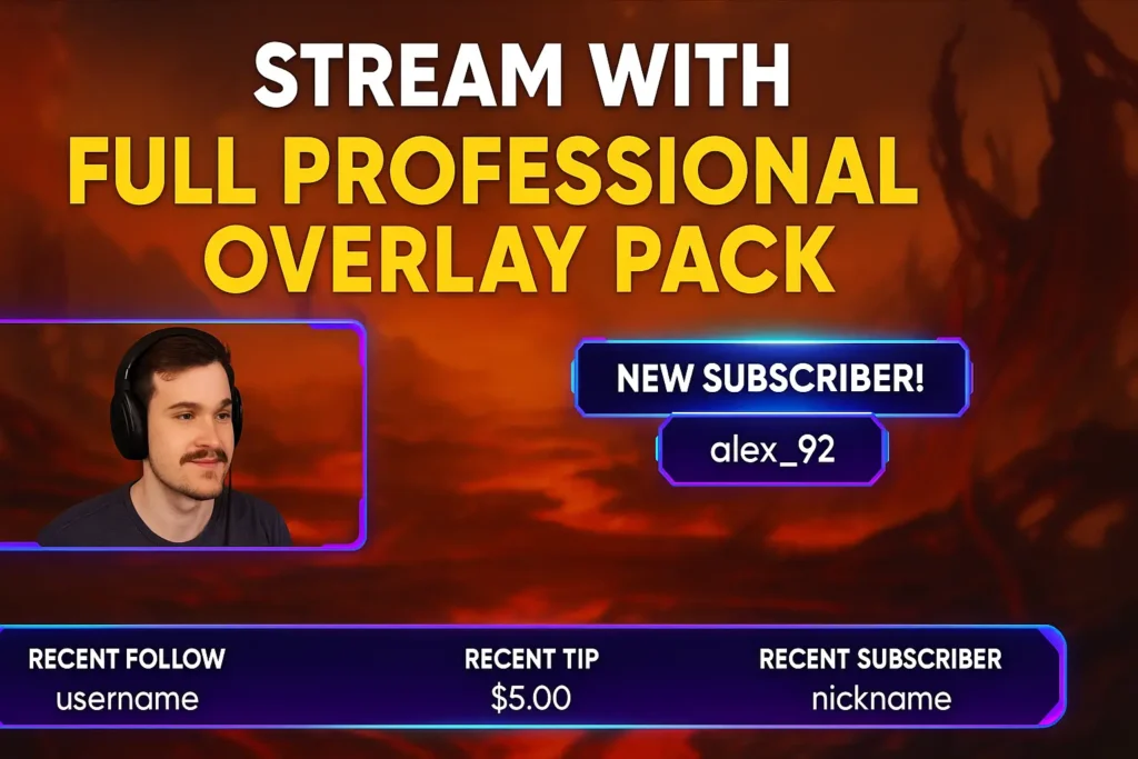 example of a stream with a full, professional overlay pack in action, showing the webcam frame, animated alerts, and event labels