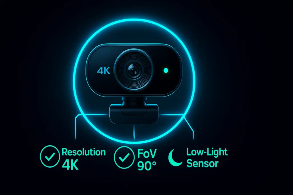 A graphic showing a webcam with key features highlighted, including resolution, field of view (FoV), and a sensor for low-light performance