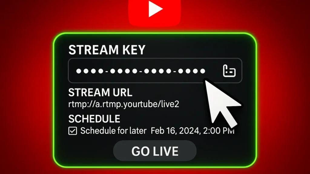 A screenshot of the YouTube Studio Live Dashboard, showing the stream key, stream URL, and scheduling options for a planned broadcast
