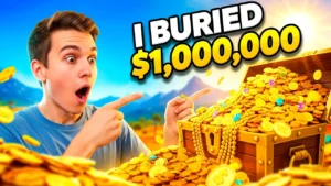 Creator Kit's YouTube thumbnail design service for a MrBeast-style challenge video, showing a creator shocked by buried treasure.