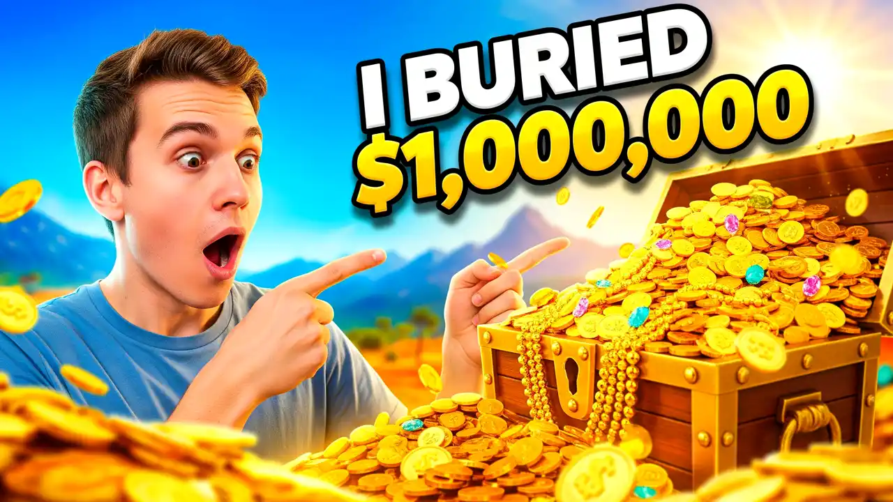 Creator Kit's YouTube thumbnail design service for a MrBeast-style challenge video, showing a creator shocked by buried treasure.