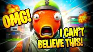 Creator Kit's custom thumbnail for a Fortnite funny moments video, showing the Fishstick skin with an OMG reaction.