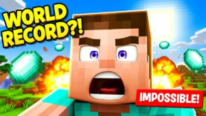 Custom Minecraft thumbnail design by Creator Kit for a World Record gaming video, featuring a shocked Steve character.