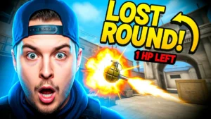 Custom gaming thumbnail for an intense FPS Lost Round moment, showing a frustrated player with 1 HP left.