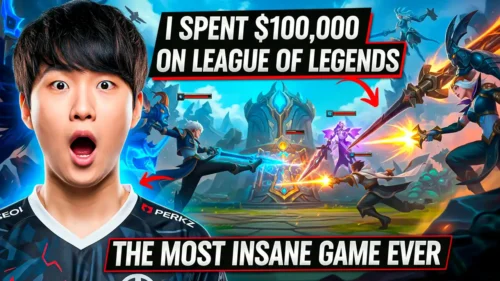 Custom thumbnail design for a League of Legends video about a $100,000 spending challenge.