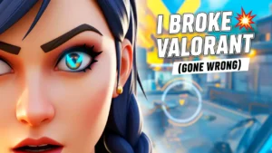 Engaging Valorant thumbnail design for a game breaking glitch video, featuring the character Reyna with glowing eyes.