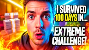 High-CTR thumbnail example for a 100 Days survival challenge video, showing a creator's dramatic reaction.