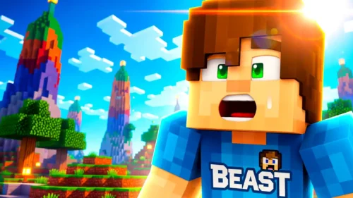 Vibrant Minecraft thumbnail design for a YouTuber collaboration video, featuring the popular Beast character skin.