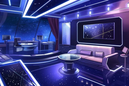 Animated stream background of a purple space bar lounge with a star galaxy neon view, perfect for Vtubers.