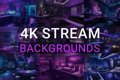 4K purple RGB gamer room stream backgrounds pack with animated and static designs for streamers and Vtubers.