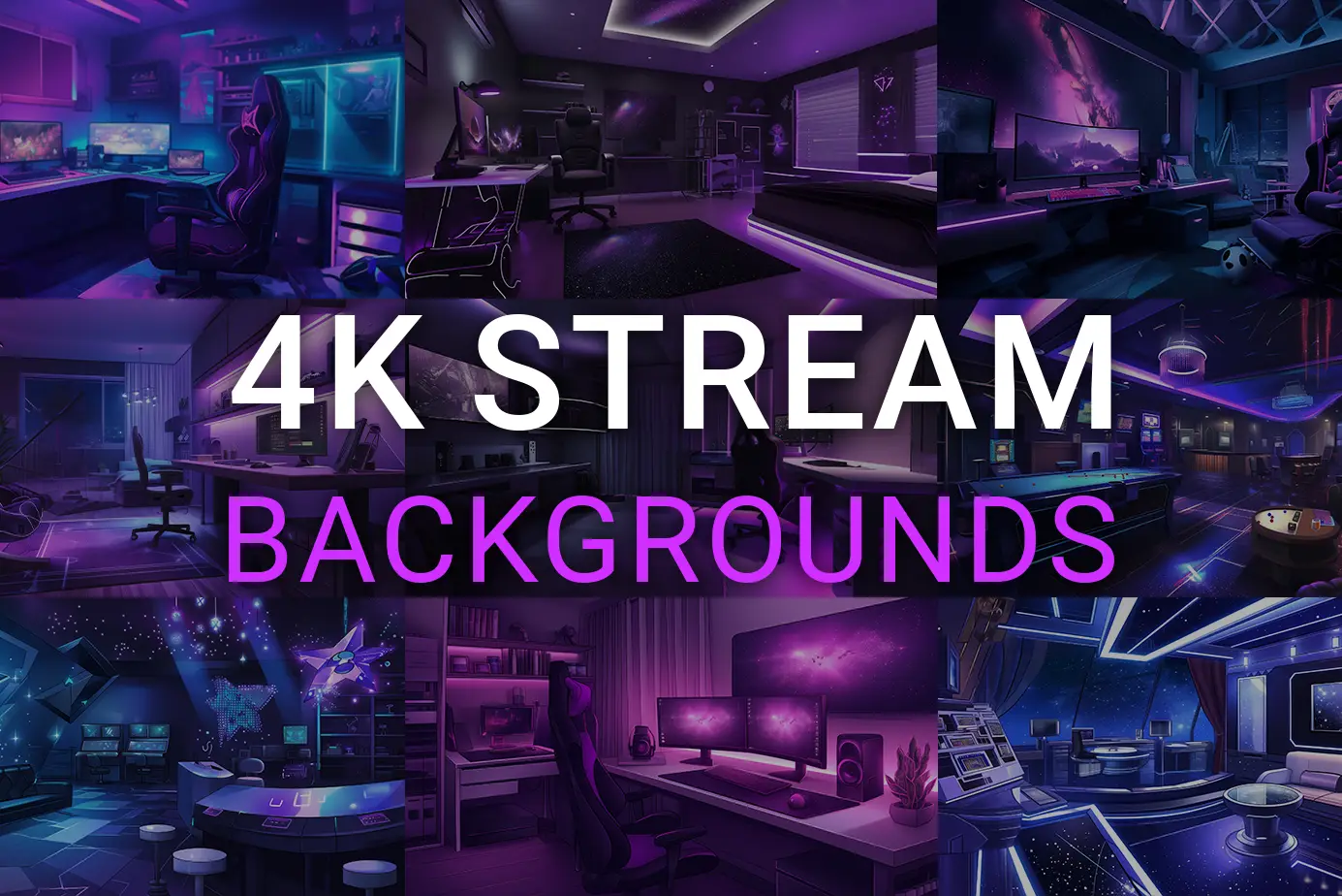 4K purple RGB gamer room stream backgrounds pack with animated and static designs for streamers and Vtubers.