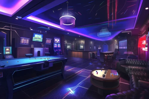 Futuristic gamer room stream background with purple RGB lighting and cyberpunk neon accents.