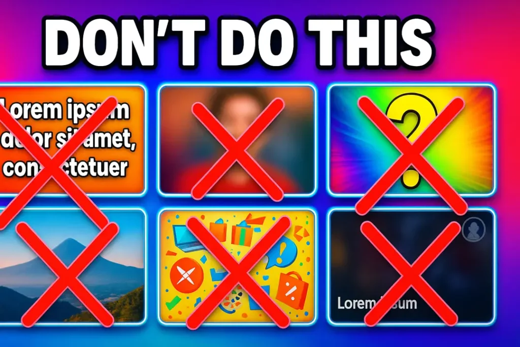 Examples of bad YouTube thumbnails with red X marks: excessive text, low contrast, blurry images — what to avoid for higher CTR