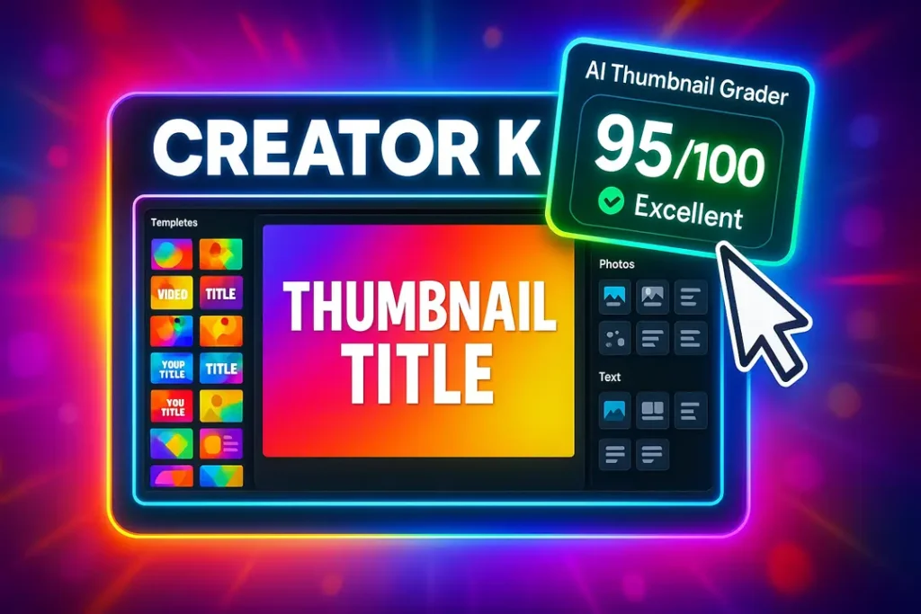 A mock-up of the Creator Kit's user interface, showing the template library on the left, the asset panel on the right, and the AI Thumbnail Grader in the corner with a high score of 95/100