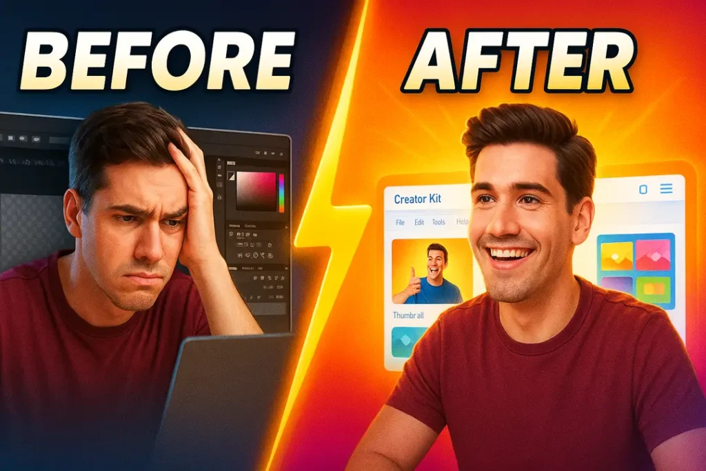 Before vs After: frustrated creator in complex Photoshop vs happy creator finishing a thumbnail in the clean Stream Skins Creator Kit UI