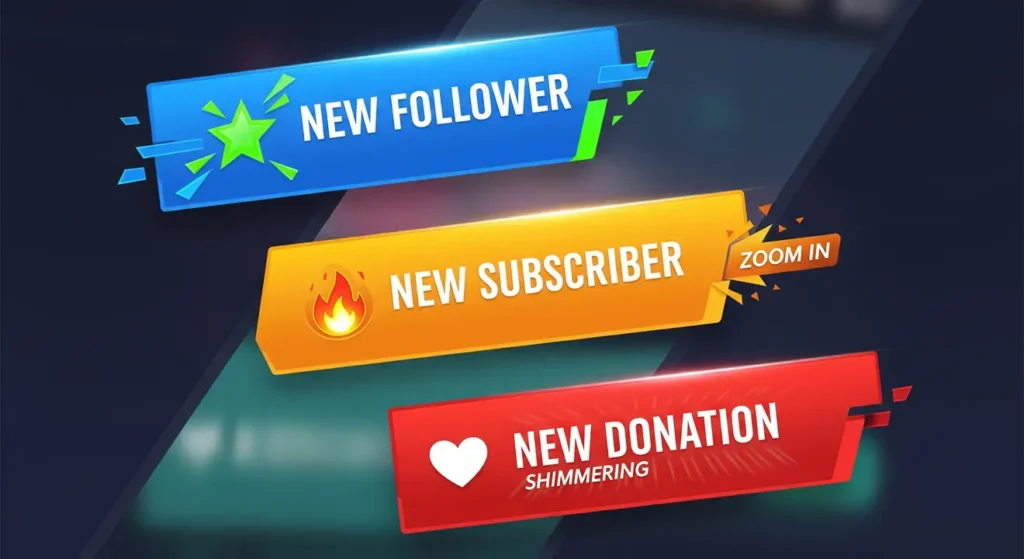 A collage of custom animated Twitch alerts from a professional stream design service, showing how to set up stream alerts.